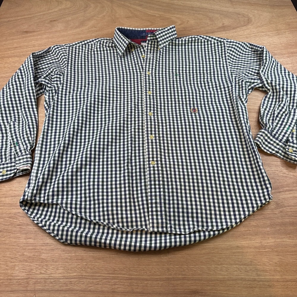 Vintage Tommy Hilfiger Gingham Button Up Shirt XL Blue White Check Crest Logo